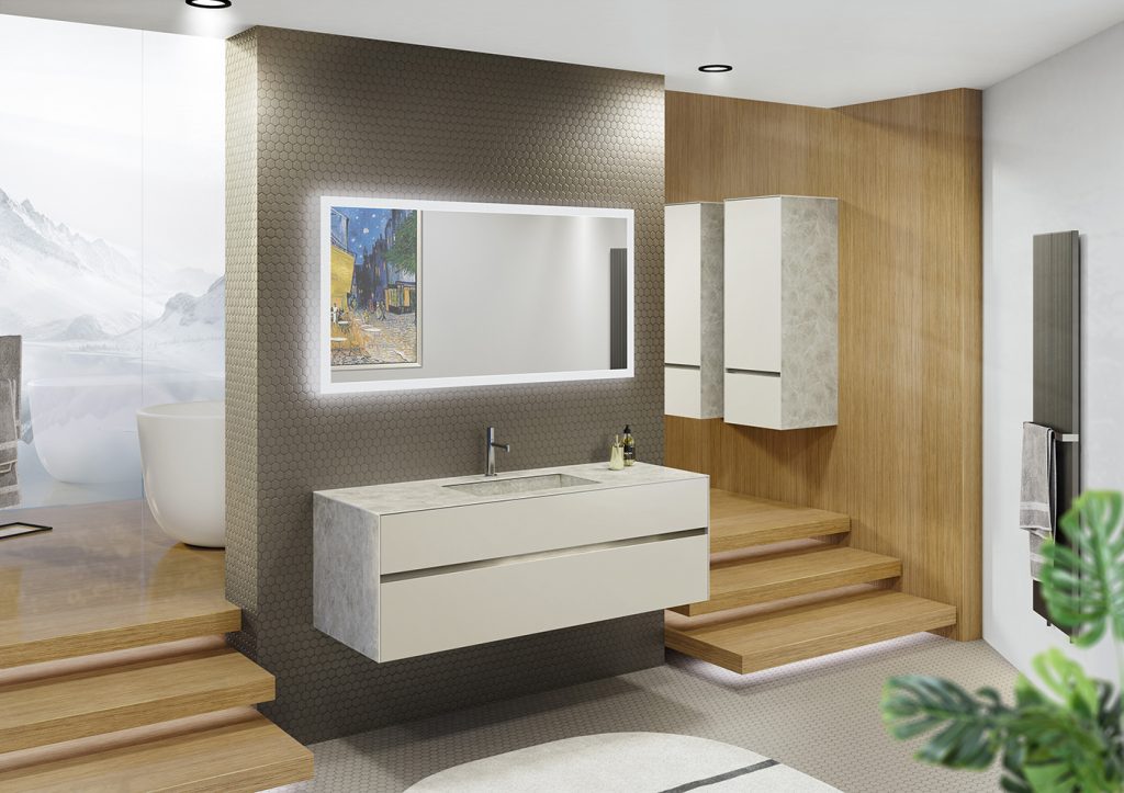 Karma vasque integree L140 Marbre Beige facade laque Beige mat demi colonne miroir Narcisse L140